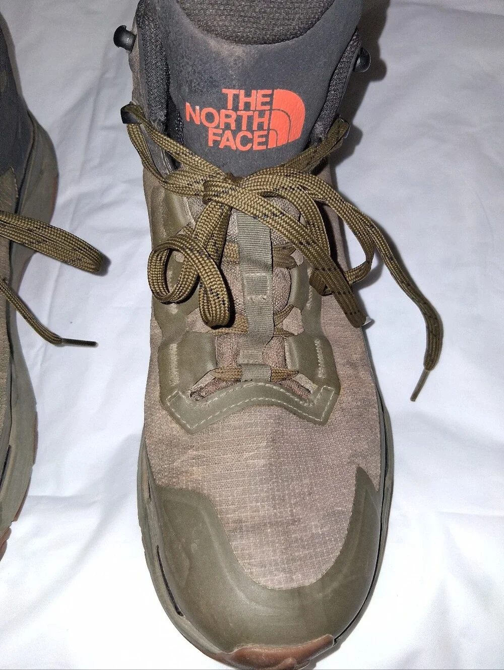 The North Face Olive Green Hiking Boots with Orange Logo Accents